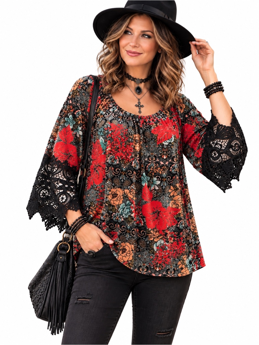 𝘼𝙡𝙞 𝙈𝙞𝙡𝙚𝙨 Top 1X Velvet Feel Floral Tunic Black Lace Bell Sleeves Whimsigoth